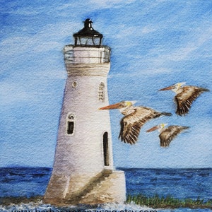 Lighthouse Watercolor Painting Art Print, Pelican Art, Lighthouse Art, Canvas Wall Art, Coastal Decor, Lighthouse Decor, Nautical Print image 1