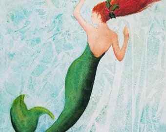Mermaid Print, Christmas Décor Print, Mermaid Painting, Canvas Print, Holiday Art