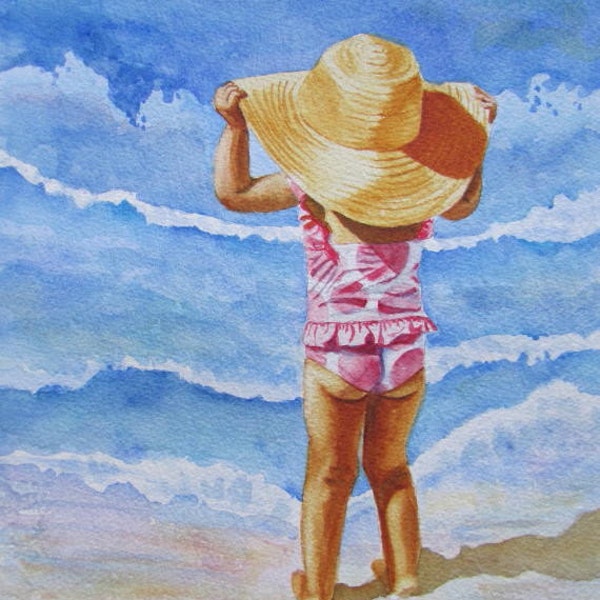 Beach Girl at Water's Edge Art Print of Original Watercolor Painting, Girls Room Coastal Décor Wall Art