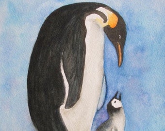 Original Penguin Watercolor Painting, Child Room Nursery Décor