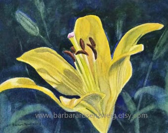 Yellow Lily Original Watercolor Painting, Flower Wall Art Home Decor