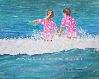 Beach Girls Sisters Twins Friends Coastal Watercolor Painting, Fun in the Surf