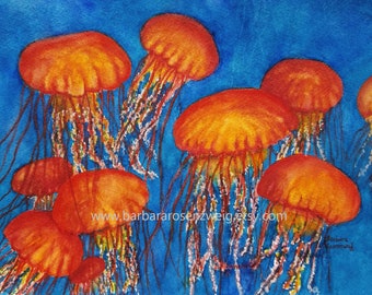 Jellyfish Art, Jellyfish Painting, Jellyfish Watercolor, Jellyfish Wall Art, Coastal Wall Art, Canvas Print, Sea Life Print, Sea Life Art