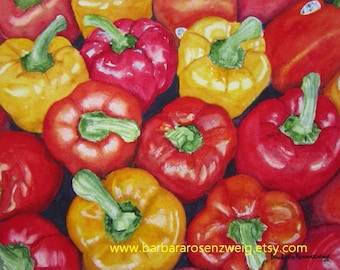 Sweet Peppers Watercolor Painting: Kitchen Wall Art Print