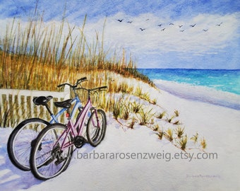 Sea Oats Beach Bike Art Coastal Watercolor Painting, Valentine Gift