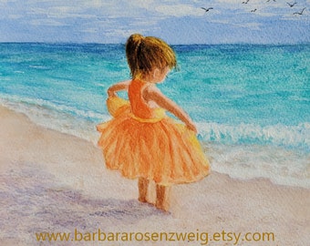 Beach Girl Ballerina Art Print of Original Watercolor Painting, Kids Room Coastal Décor