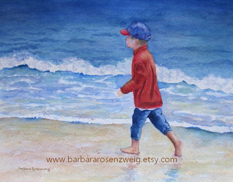 Beach Boy Watercolor Painting: Coastal Art Print for Boy's Room