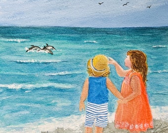 Beach Kids and Dolphins Watercolor Painting, Coastal Decor Wall Art