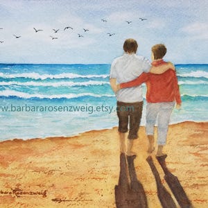 Beach Couple Watercolor Painting, Ocean View Couple Art, Couple By The Sea Print, Romantic Beach Lovers Wall Art Painting