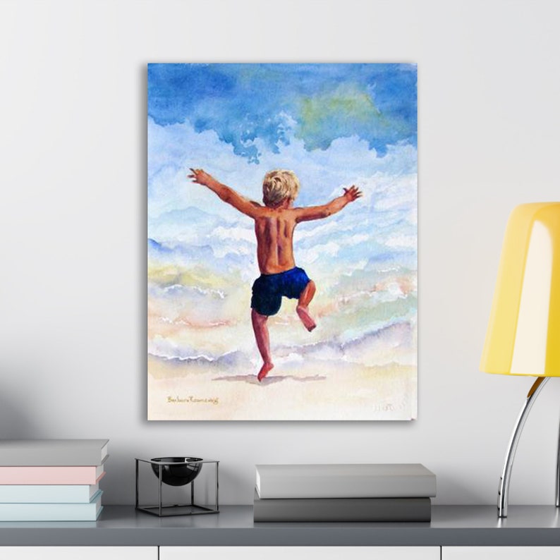Beach Boy Running in the Surf Art Print of Original Watercolor Painting, Boys Room Wall Art image 2