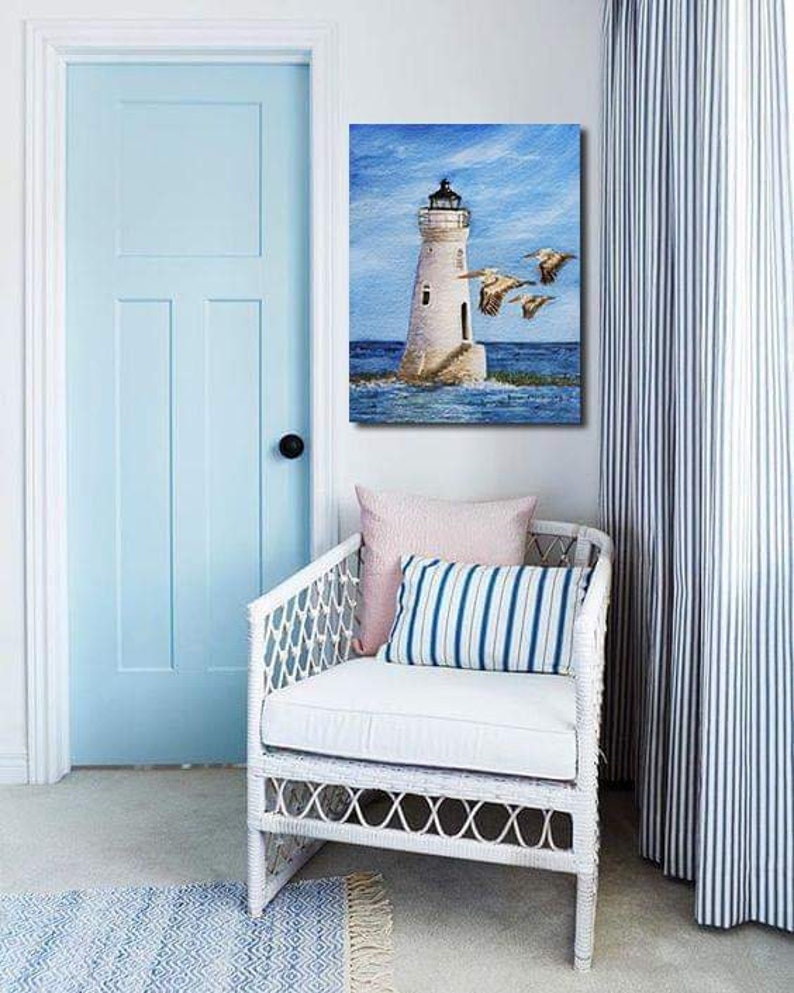 Lighthouse Watercolor Painting Art Print, Pelican Art, Lighthouse Art, Canvas Wall Art, Coastal Decor, Lighthouse Decor, Nautical Print image 3