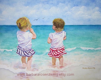 Beach Sisters Watercolor Painting: Coastal Friends Art Print
