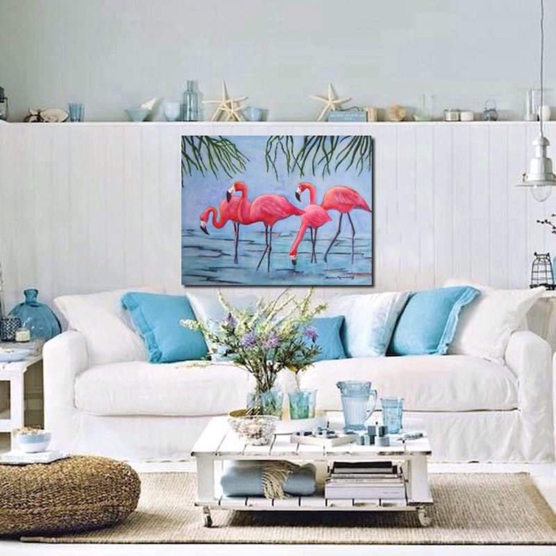 Flamingo Watercolor Painting Beach Wall Art Coastal Décor Etsy
