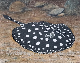 Polka Dot Stingray Watercolor Painting, Marine Animal Coastal Décor