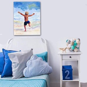 Beach Boy Running in the Surf Art Print of Original Watercolor Painting, Boys Room Wall Art image 3