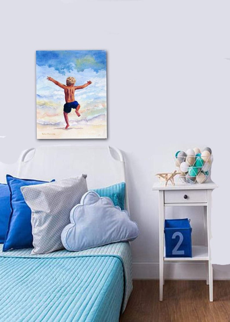 Beach Boy Running in the Surf Art Print of Original Watercolor Painting, Boys Room Wall Art image 3