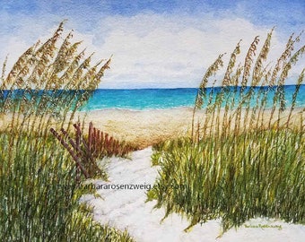 Beach Sea Oats Coastal Wall Art, Peaceful Dunes Watercolor Painting