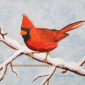 Red Cardinal in Winter Snow Watercolor Painting, Bird Fine Art Print, Christmas Cardinal Home Décor Wall Art, Backyard Cardinal Bird Print