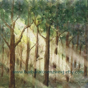 Forest Landscape Original Watercolor Painting, Light Beams in the Woods Wall Art image 1