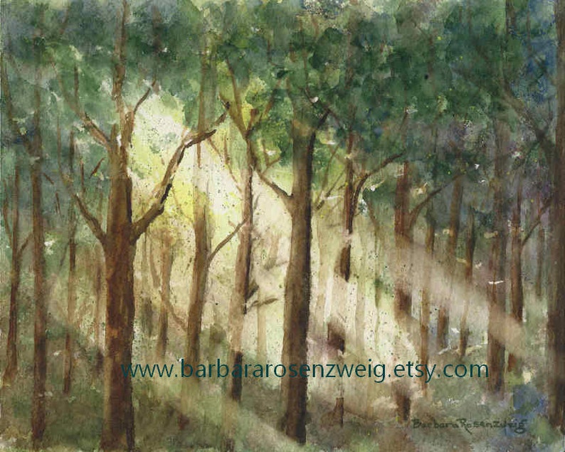 Forest Landscape Original Watercolor Painting, Light Beams in the Woods Wall Art image 1