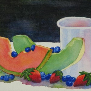 Original Melon Fruit Berries & Mug Watercolor Painting, Coffee Still Life Kitchen Home Décor image 1