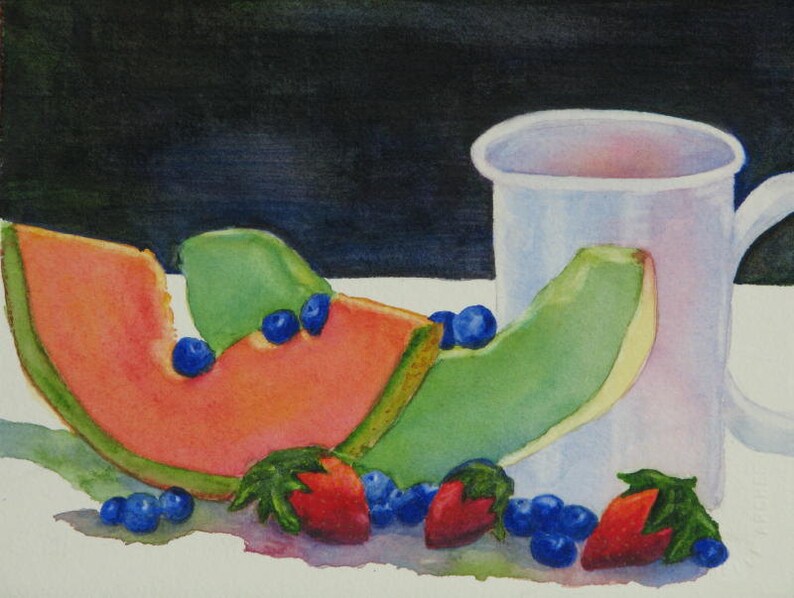 Original Melon Fruit Berries & Mug Watercolor Painting, Coffee Still Life Kitchen Home Décor image 1