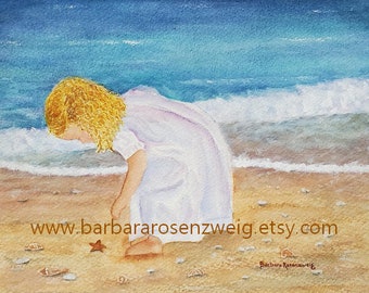 Beach Girl Watercolor Painting, Anna Maria Island, Coastal Art, Child and Starfish