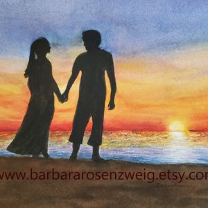 Sunset Beach Couple Watercolor Painting, Ocean View Couple Art, Couple By The Sea Print, Serene Beach Couple Art, Romantic Beach Art