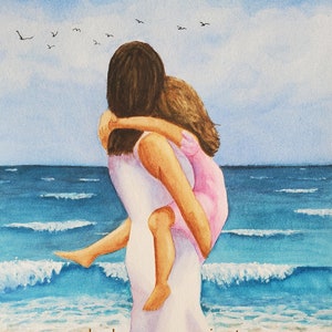 Beach Mother Child Love Watercolor Painting, Peaceful Nursery Décor Wall Art