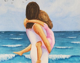 Beach Mother Child Love Watercolor Painting, Peaceful Nursery Décor Wall Art