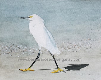 Snowy Egret Tropical Beach Bird Watercolor Painting