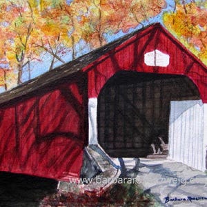 Red Covered Bridge Watercolor Painting, Covered Bridge Room Home Decor Wall Art Print, Covered Bridge Landscape Americana Art Gift