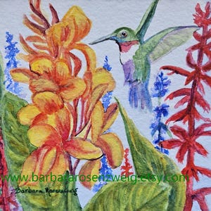 Hummingbird Watercolor Art Print: Iridescent Bird, Floral Home Decor