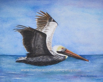 Flying Pelican Watercolor Painting, Coastal Home Décor Wall Art