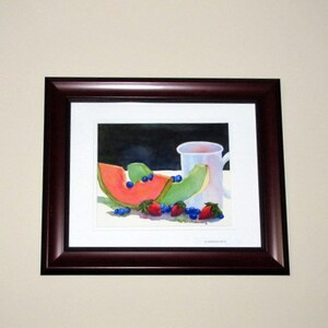 Original Melon Fruit Berries & Mug Watercolor Painting, Coffee Still Life Kitchen Home Décor image 3