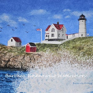 Nubble Lighthouse Maine Watercolor Painting, Coastal Wall Art, Nautical Home Decor, New England Seaside Print, Gift for Lighthouse Lovers