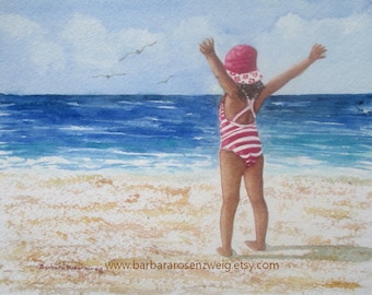 Beach Girl Excitement Art Print of Original Watercolor Painting, Coastal Décor Child's Room