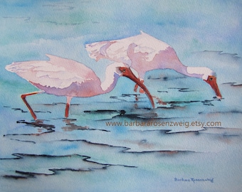 Ibis Bird Watercolor Print: Florida Beach Seascape Art