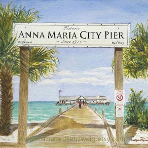 Anna Maria Island Pier Watercolor Painting, Colorful Beach Chairs Wall Art, Coastal Florida Decor, Tropical Beach House Gift Print