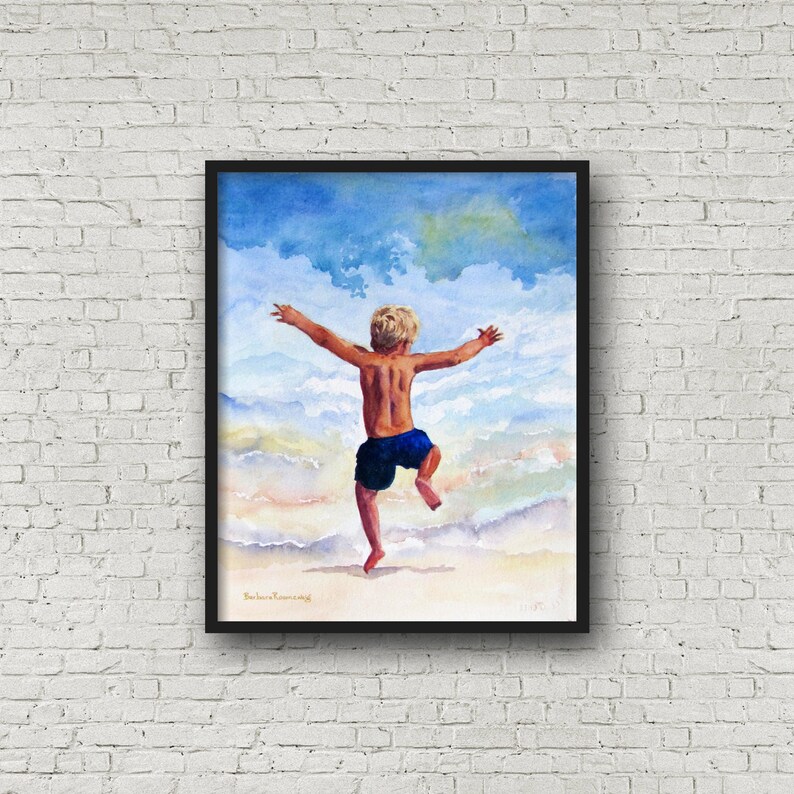 Beach Boy Running in the Surf Art Print of Original Watercolor Painting, Boys Room Wall Art image 9