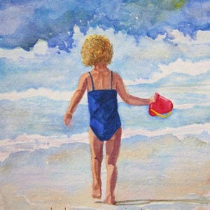 Beach Girl Watercolor Painting for Coastal Decor Child Room Art for Mother Gift for Beach Memory Art Collector for Home Decor