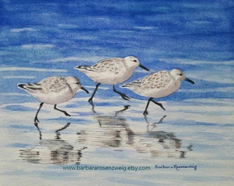 Beach Sandpipers Watercolor Painting, Coastal Home Décor Wall Art