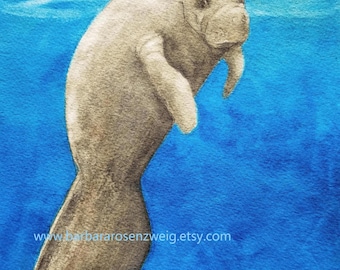 Impresión artística en acuarela de un manatí bebé: Arte mural de criaturas marinas de Florida
