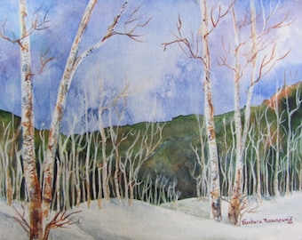 Birch Tree in Snow Original Watercolor Painting, Winter Landscape Art, Winter Home Décor, Mountain Landscape Art