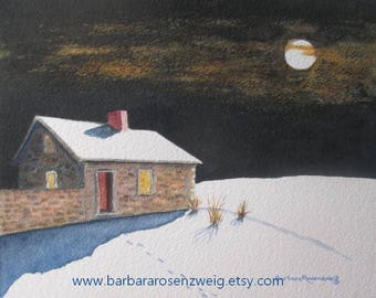 Winter Farmhouse  Original Watercolor Painting, Moonlight Art Wall Decor