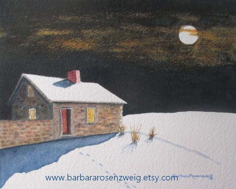 Winter Farmhouse Original Watercolor Painting, Moonlight Art Wall Decor image 1