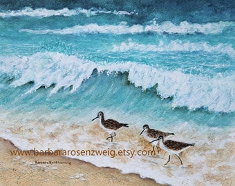 Beach Sandpipers Original Watercolor Painting, Willets Beach Birds Art