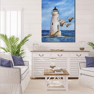 Lighthouse Watercolor Painting Art Print, Pelican Art, Lighthouse Art, Canvas Wall Art, Coastal Decor, Lighthouse Decor, Nautical Print image 2
