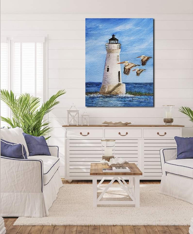 Lighthouse Watercolor Painting Art Print, Pelican Art, Lighthouse Art, Canvas Wall Art, Coastal Decor, Lighthouse Decor, Nautical Print image 2