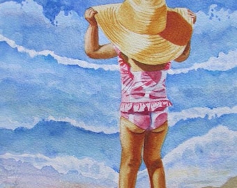Beach Girl Watercolor Painting: Coastal Nursery Art Print